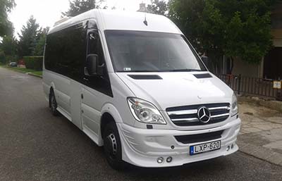 Budapest to Salzburg by bus, coach transfers Group bus transfer. with 18, seater Mercedes Sprinter bus. Fully air-conditioned, premium category. We recommend this bus for companies, travel agencies, bigger groups for airport transfers, scenic tours or international trips.